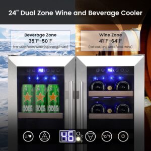 Acekool Wine and Beverage Refrigerator, 55 Cans and 20 Bottles Large Dual Zone Wine Cooler with Quiet Compressor, Blue LED, Dual Zone Temperature 24 Inch Under Counter Wine Fridge for Home Bedroom