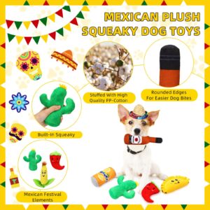 Glimin 9 Pcs Mexican Squeak Plush Toys 8 Stuffed Chew Toys 1 Dog Sombrero Hat Funny Stuffed Chew Toys Interactive Funny Dog Toys with Squeaker for Small and Medium Dog Mexican Party Decoration