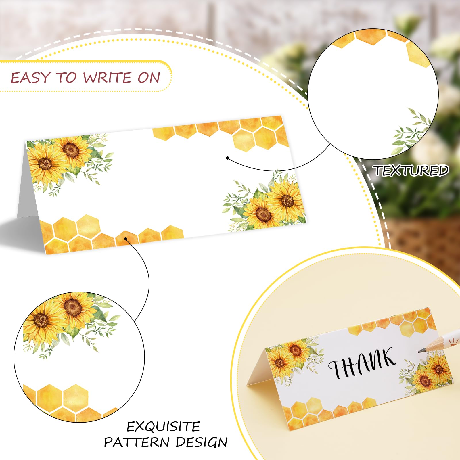 Whaline 100Pcs Summer Sunflower Place Cards Honeycomb Tented Cards Floral Seating Name Cards for Baby Shower Birthday Wedding Party Table Setting Supplies, 4 x 1.8 in