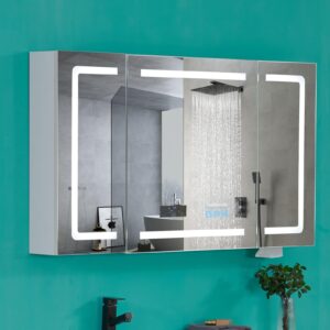 vingli led medicine cabinet with smart mirror, 48x28''bathroom medicine cabinet with bluetooth& speaker, clock, room temp display, defog, stepless dimming, 3-color temper change, outlets & usbs,white