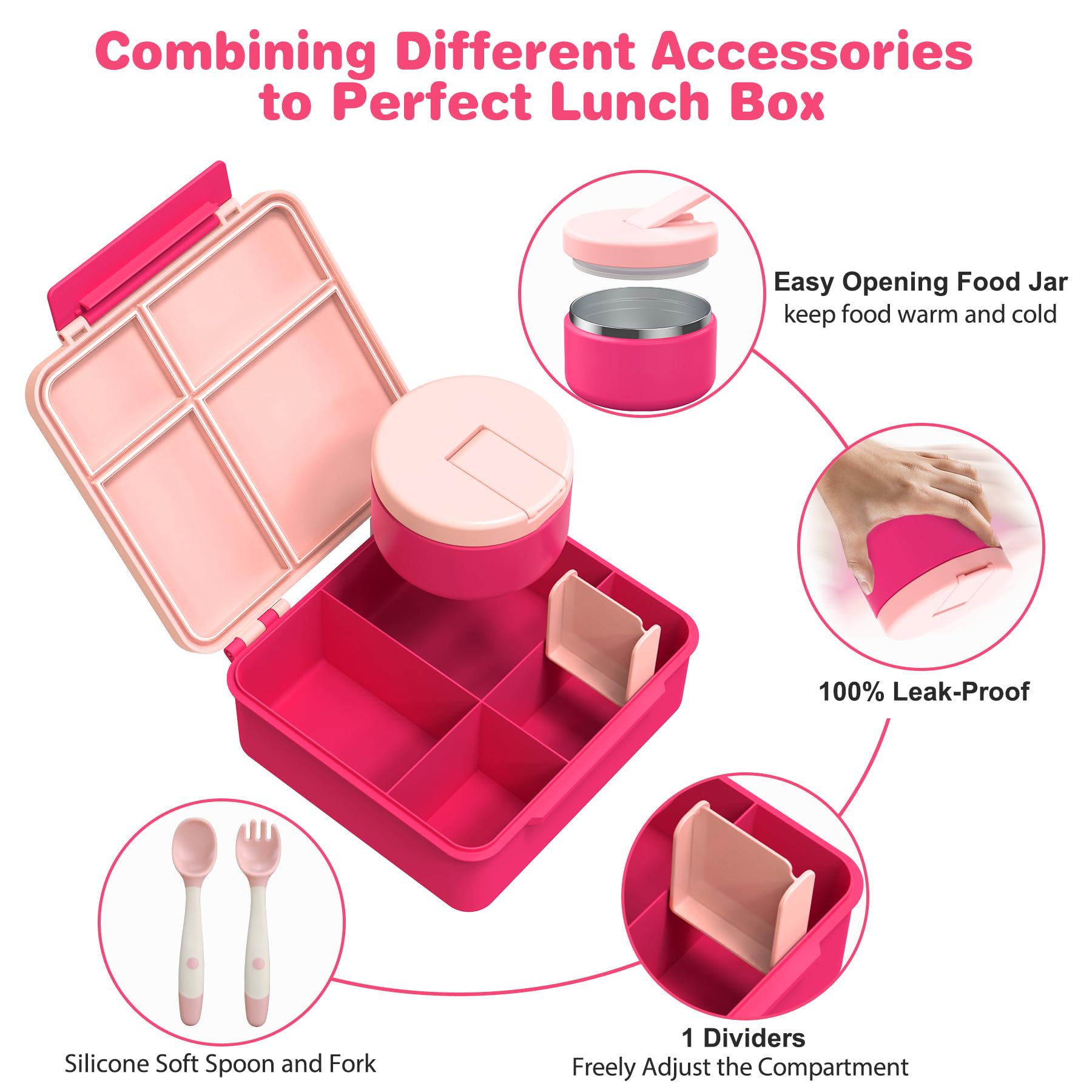 Pawtong Bento Lunch Box with 8oz Soup Thermo, Kids Leakproof Lunch Food Containers with 4 Compartment, Kids Thermo Insulated Hot Food Jar for School, Trvael - (Pink)