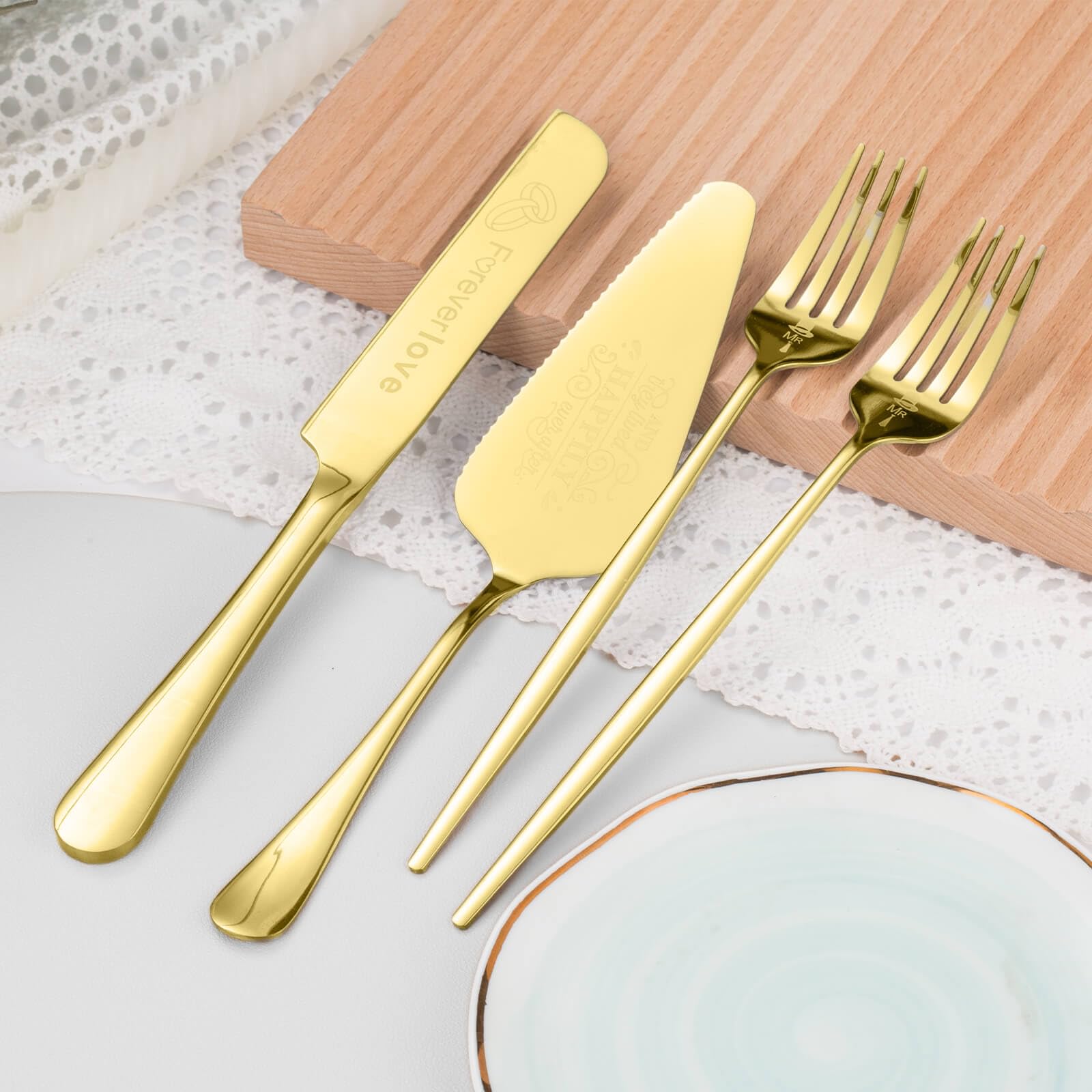 Personalized Cake Cutting Set for Wedding,4 Piece Wedding Cake Knife and Server set, Mr and Mrs Cake Cutter and Forks for Wedding, Birthday, Anniversary, Graduation Gift (gold)