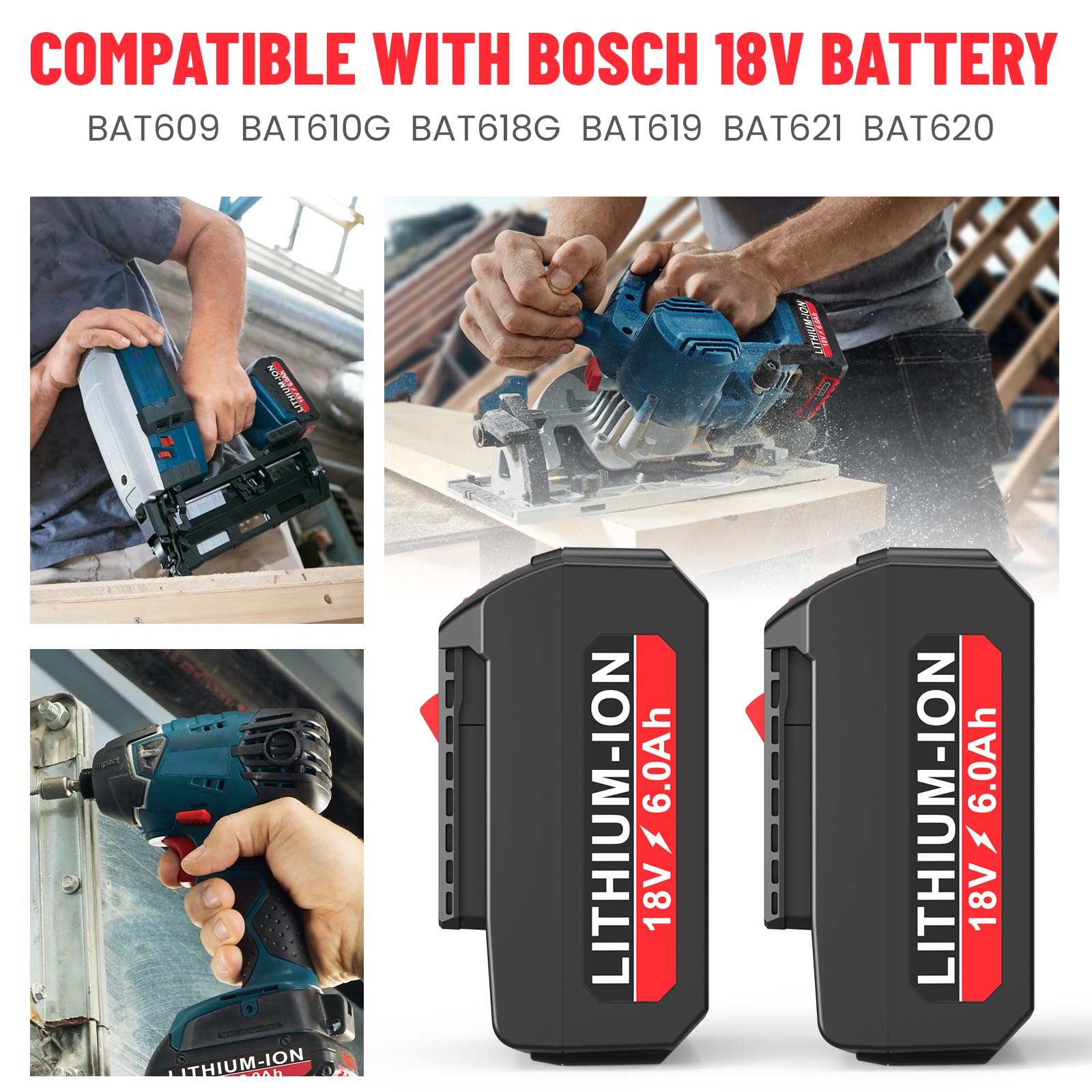 LabTEC 2-Pack 6.0Ah 18V Lithium Battery BAT609 and Battery Charger Kit Compatible with Bosch