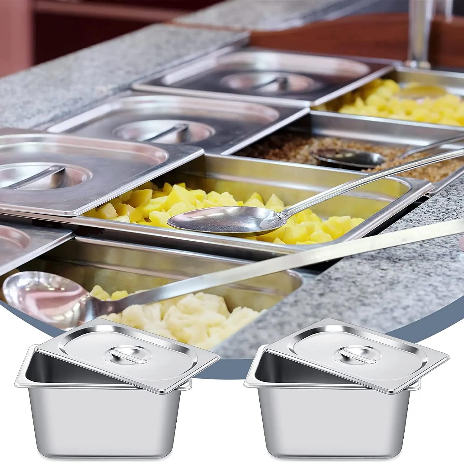 Generic 6 Pack Stainless Steel Buffet Containers Third Size, Steam Table Pan With Lid, Restaurant and Commercial Pans, Hotel Pan 4"" Deep Anti-Jam, Chafing Steam Table Catering Storage Metal Food Pan