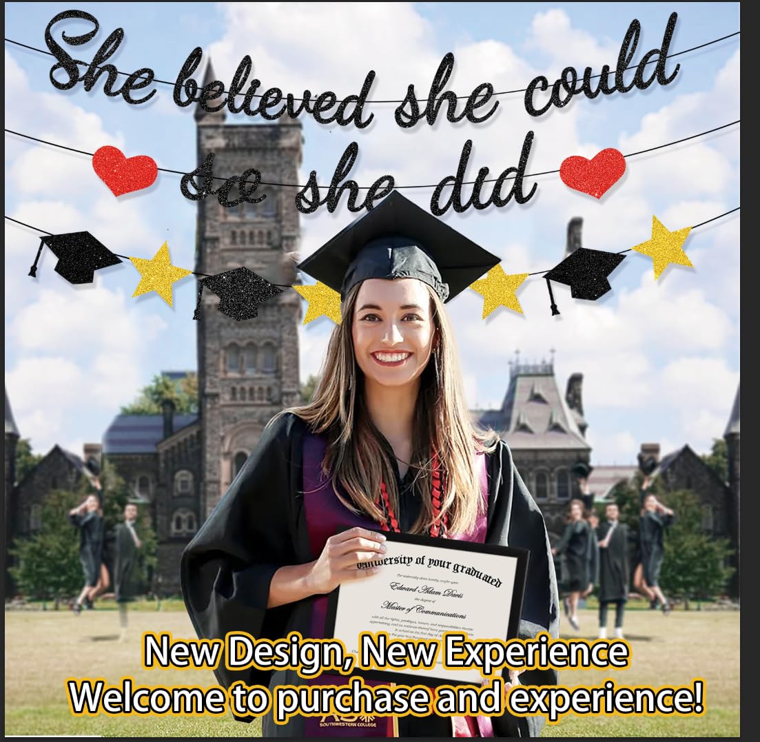 Unibday Graduation Decorations Class of 2024, She Believed She Could So She Did, Black Glitter Graduation Party Decorations 2024,Congrats Grad Bannerfor Congratulation Graduation Party