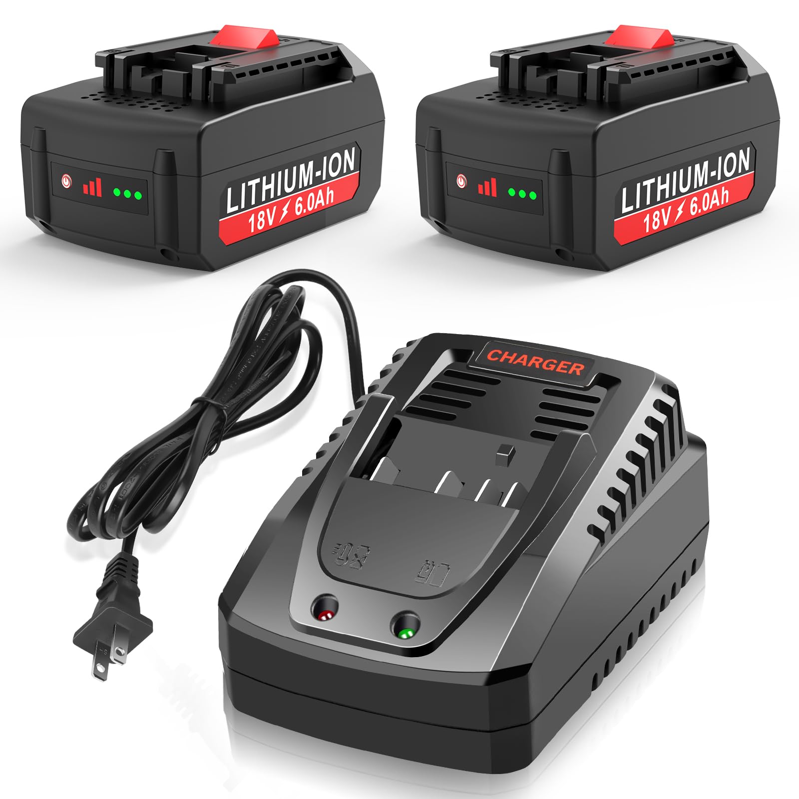 LabTEC 2-Pack 6.0Ah 18V Lithium Battery BAT609 and Battery Charger Kit Compatible with Bosch