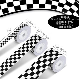 3 Rolls Black Grosgrain Ribbon White Checkered Printed Ribbon, Crafts Racing Car Theme Printed Checkered Ribbon, Plaid Buffalo Ribbon, for Racing Car Party DIY Wreath Decorations