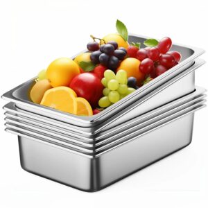 generic 6 pack stainless steel buffet containers third size, steam table pan with lid, restaurant and commercial pans, hotel pan 4"" deep anti-jam, chafing steam table catering storage metal food pan