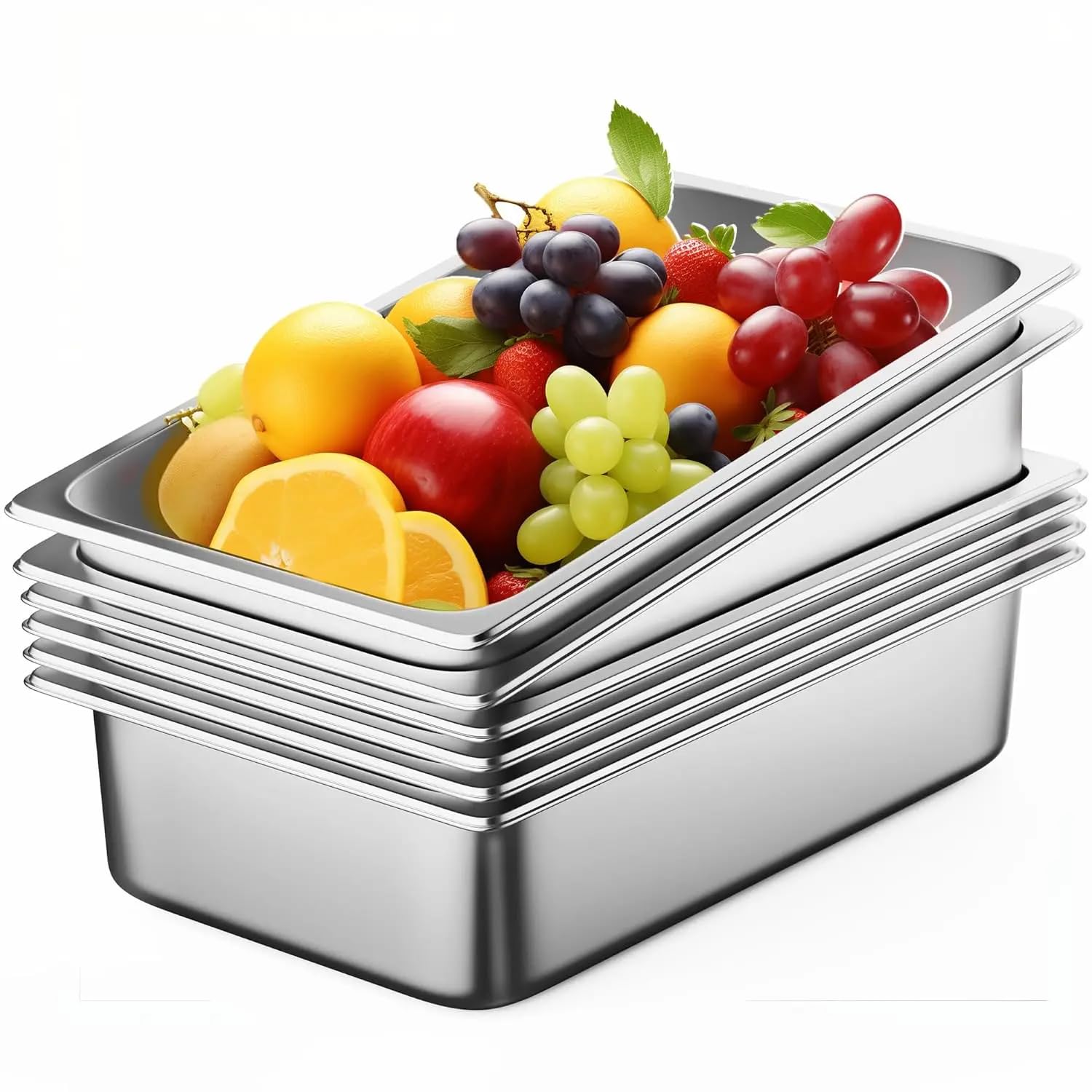 Generic 6 Pack Stainless Steel Buffet Containers Third Size, Steam Table Pan With Lid, Restaurant and Commercial Pans, Hotel Pan 4"" Deep Anti-Jam, Chafing Steam Table Catering Storage Metal Food Pan