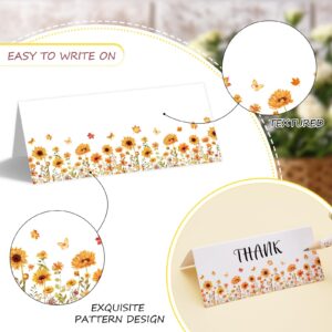 Whaline 100Pcs Fall Place Cards Orange Sunflower Maple Leaves Tented Cards Autumn Watercolor Floral Seating Cards for Thanksgiving Harvest Party Table Setting Supplies, 4 x 1.8 in