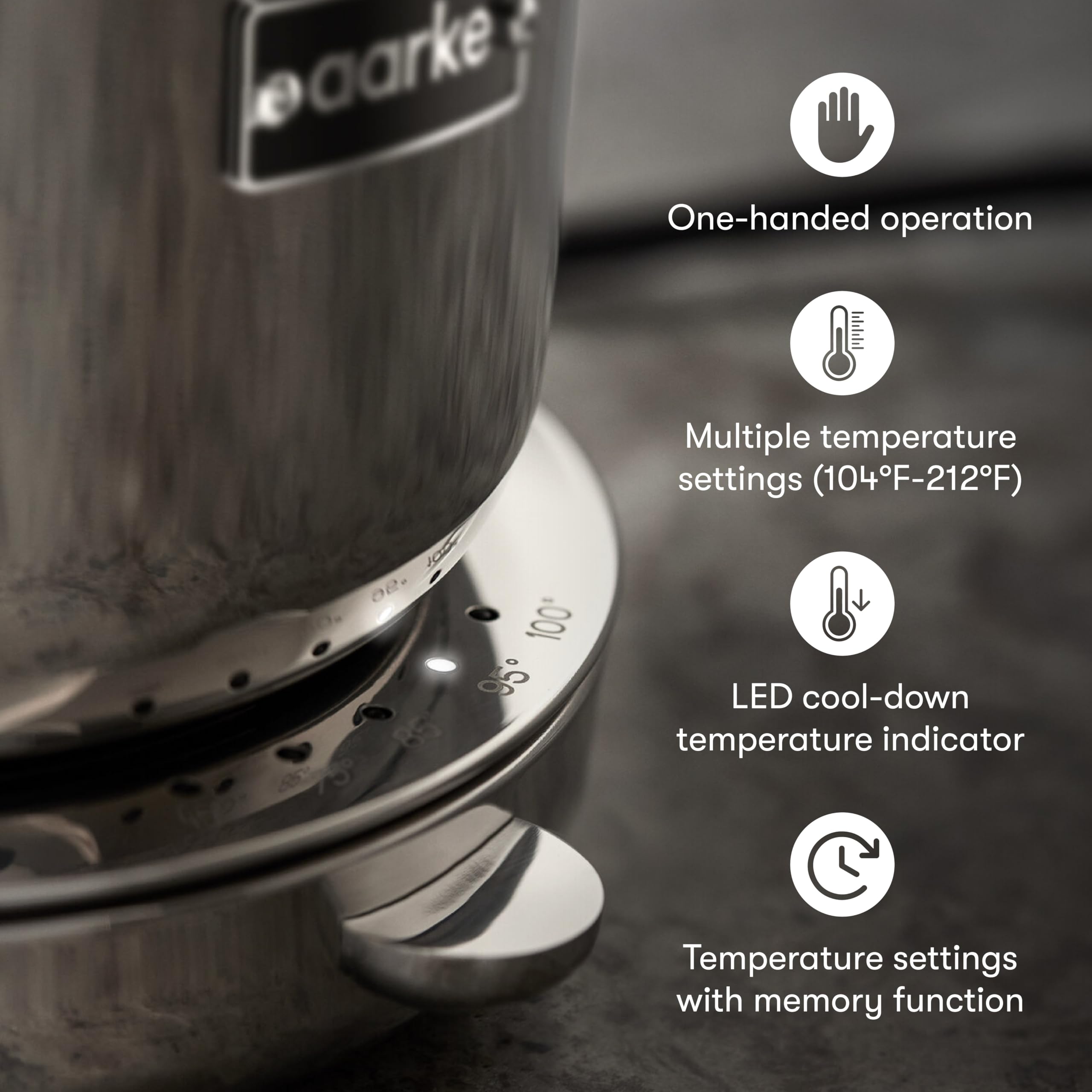 Aarke Kettle | Stainless Steel Hot Water Kettle | 360° Swivel Base | 1.2L / 5 Cups - Steel