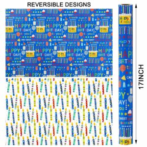 Homeral Reversible Birthday Wrapping Paper Roll- Mini Roll- 46.8sq.ft(17in x 33ft) Blue Colorful Birthday Design for Birthday, Baby Shower, Party