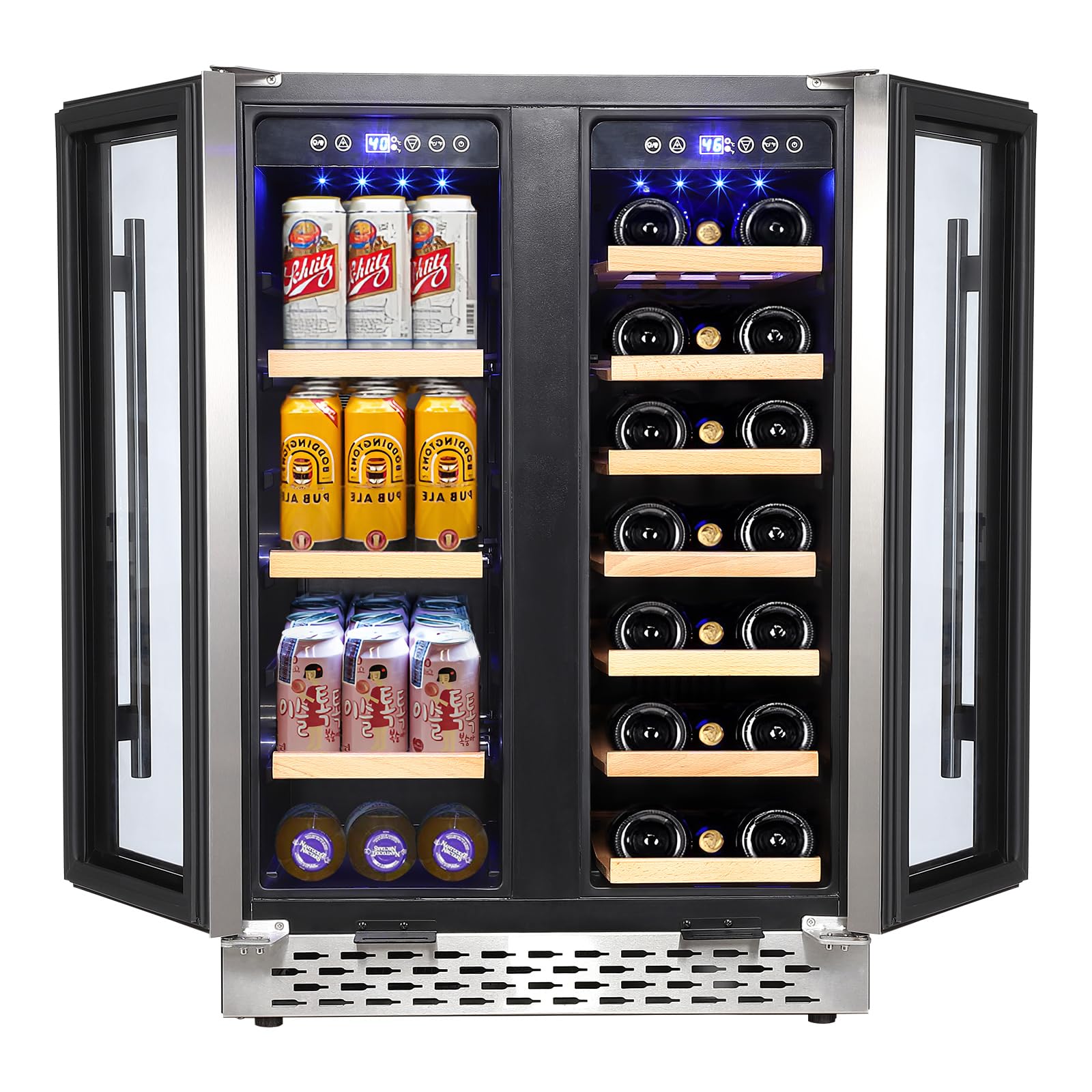 Acekool Wine and Beverage Refrigerator, 55 Cans and 20 Bottles Large Dual Zone Wine Cooler with Quiet Compressor, Blue LED, Dual Zone Temperature 24 Inch Under Counter Wine Fridge for Home Bedroom