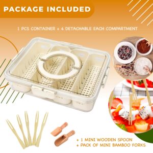 Divided Serving Tray with Lid -Snackle Box Container with Spoon & Mini Forks and 4 Removable Colanders Snack Serving Tray, Snack Box Container, Veggie Tray with Lid for Candy, Fruits, Nuts, Chips.