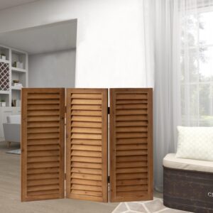 sofe wood short privacy screen indoor, 2.6 ft tall shutters folding room dividers 3 panel, brown room partitions and dividers freestanding, farmhouse foldable wall for home bedroom office