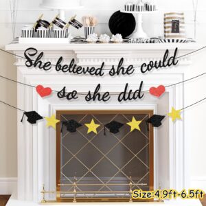 Unibday Graduation Decorations Class of 2024, She Believed She Could So She Did, Black Glitter Graduation Party Decorations 2024,Congrats Grad Bannerfor Congratulation Graduation Party