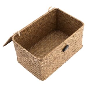 LEXININ Set of 3 Seagrass Shelf Baskets with Lids, Handwoven Seagrass Storage Bins Basket, Rectangular Woven Baskets Storage Box Container for Shelves, Home Decoration