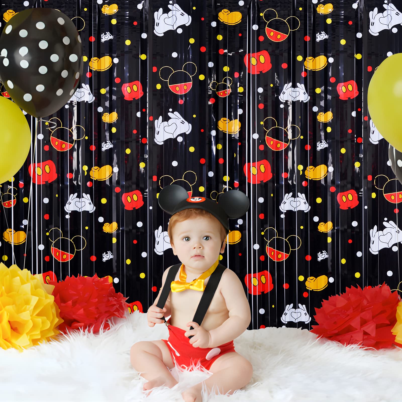 Bupelo Mickey Birthday Party Supplies, 2 Pack Mickey Theme Tinsel Foil Fringe Curtains,Cartoon Mouse Patterns Photo Booth Prop Backdrop Streamer, Mickey Birthday Party Decorations, Room Decor for Kids