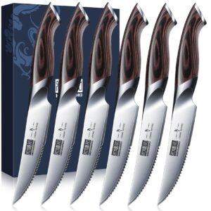 hoshanho steak knives set of 6, ultra sharp 4.5 inch serrated steak knife set, japanese aus-10 high carbon steel kitchen steak knives with ergonomic handle