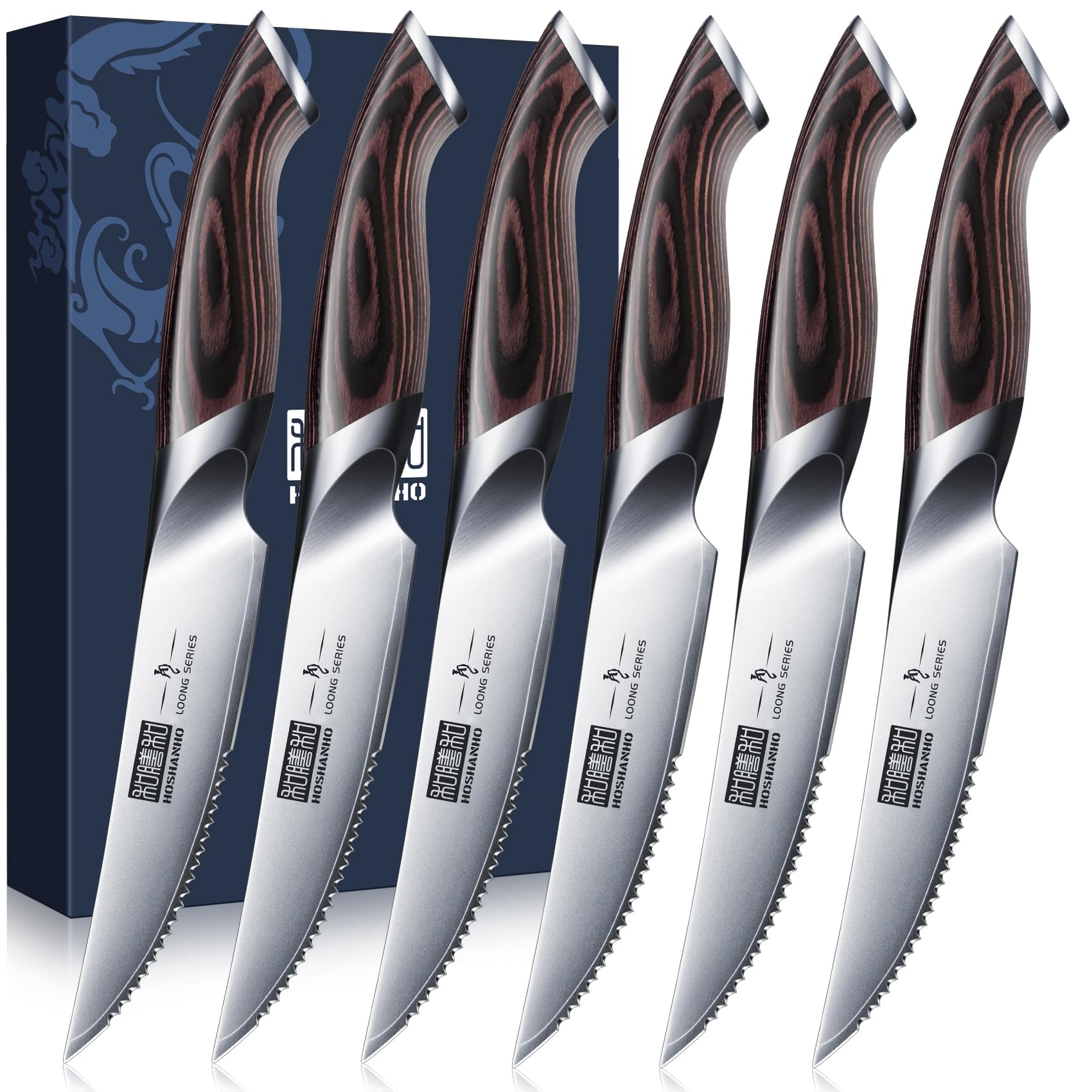 HOSHANHO Steak Knives Set of 6, Ultra Sharp 4.5 Inch Serrated Steak Knife Set, Japanese AUS-10 High Carbon Steel Kitchen Steak Knives with Ergonomic Handle