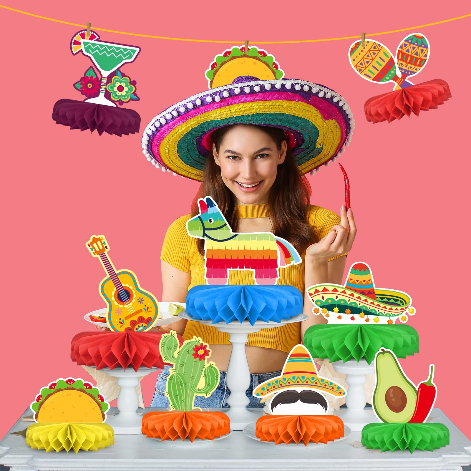 Fiesta Party Decorations - Authentic Mexican Themed Honeycomb Centerpiece for Cinco De Mayo, Taco Parties, Birthdays & Day of the Dead Celebrations