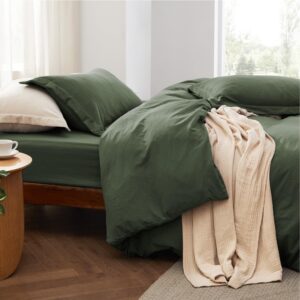 Bedsure Duvet Cover Queen Size with Fitted Sheet - Soft Prewashed Queen Duvet Cover Set, 4 Pieces, Includes 1 Duvet Cover 90x90 Inches with Zipper Closure, 2 Pillow Shams, 1 Fitted Sheet, Olive Green