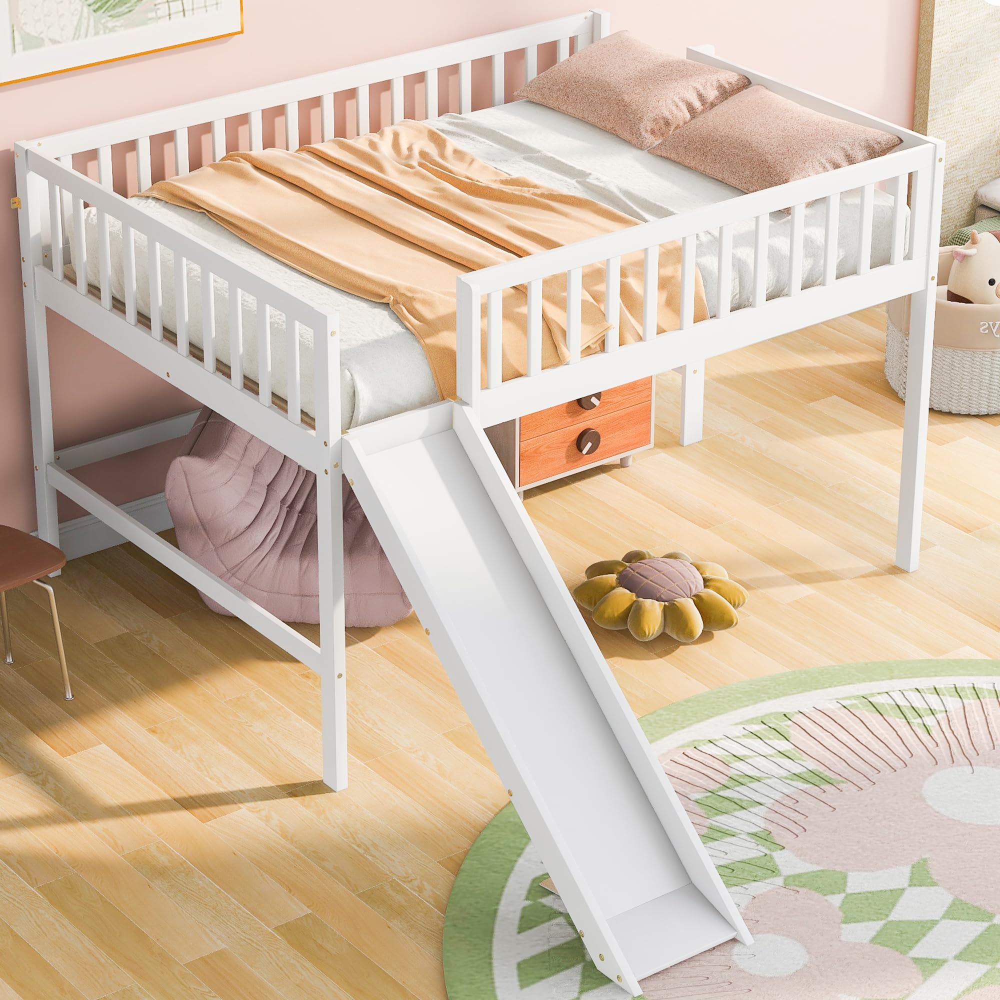 ACQCA Full Size Low Loft Bed with Slide and Ladder,Wooden Bed Frame with Guardrails for Girls,Boys,No Box Spring Required,White