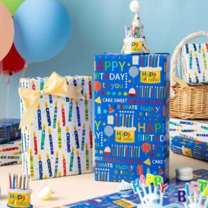 Homeral Reversible Birthday Wrapping Paper Roll- Mini Roll- 46.8sq.ft(17in x 33ft) Blue Colorful Birthday Design for Birthday, Baby Shower, Party