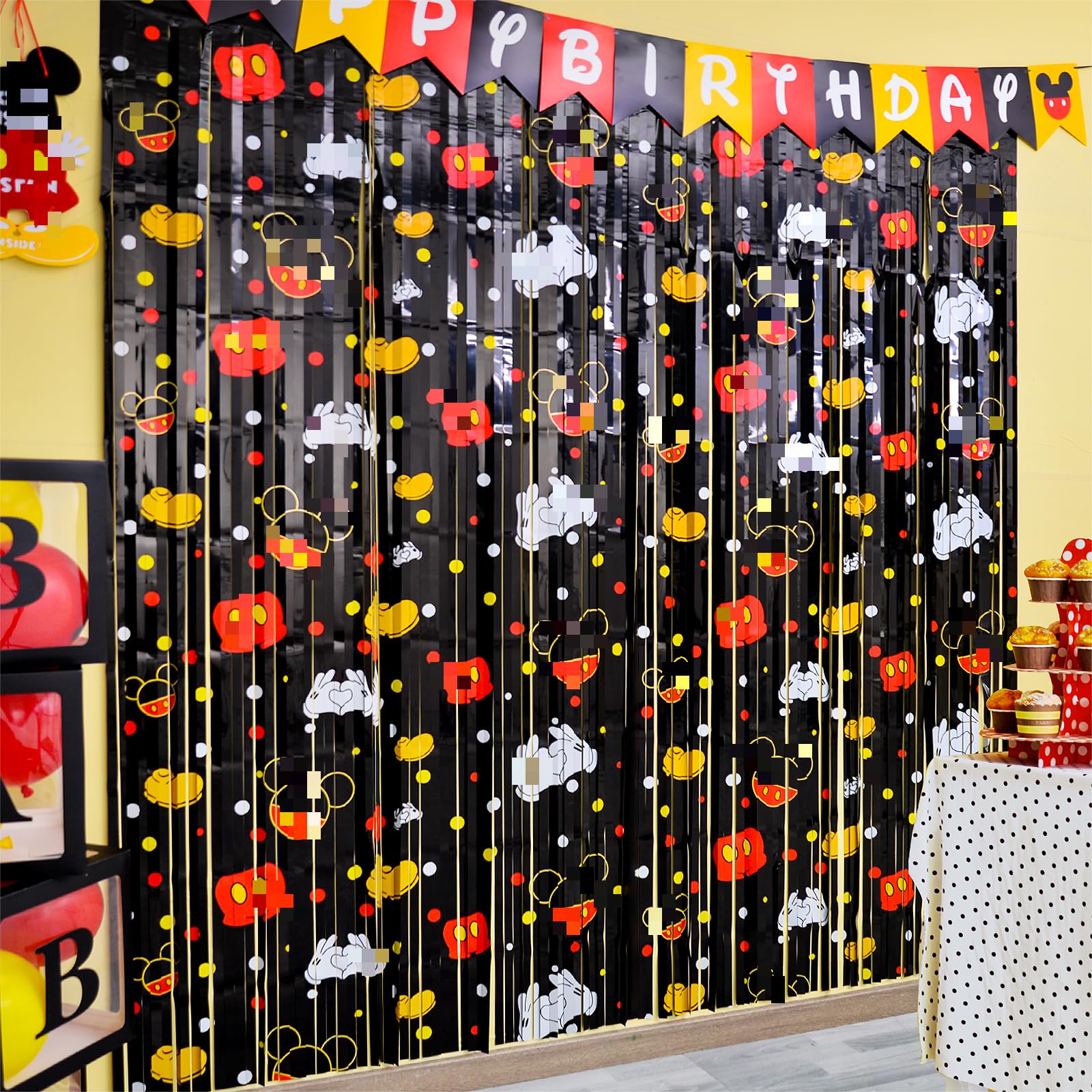 Bupelo Mickey Birthday Party Supplies, 2 Pack Mickey Theme Tinsel Foil Fringe Curtains,Cartoon Mouse Patterns Photo Booth Prop Backdrop Streamer, Mickey Birthday Party Decorations, Room Decor for Kids