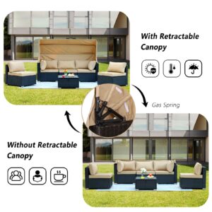 MAGIC UNION 6 Pieces Patio Furniture Sets Daybed with Retractable Canopy, Outdoor Rattan Sectional Sofa Set, Wicker Patio Seating Chairs with Adjustable Backrest for Backyard,Garden,Poolside (Khaki)