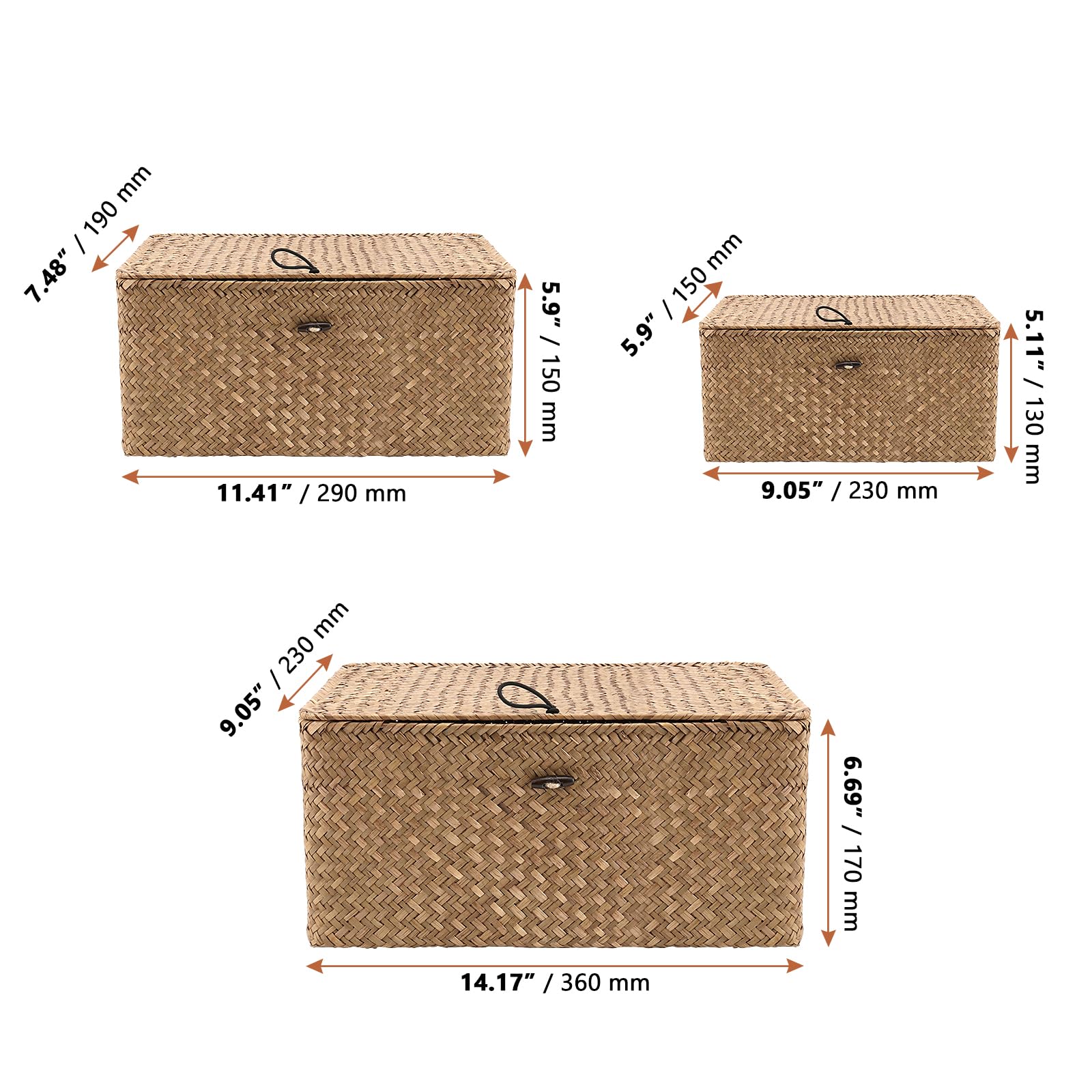 LEXININ Set of 3 Seagrass Shelf Baskets with Lids, Handwoven Seagrass Storage Bins Basket, Rectangular Woven Baskets Storage Box Container for Shelves, Home Decoration