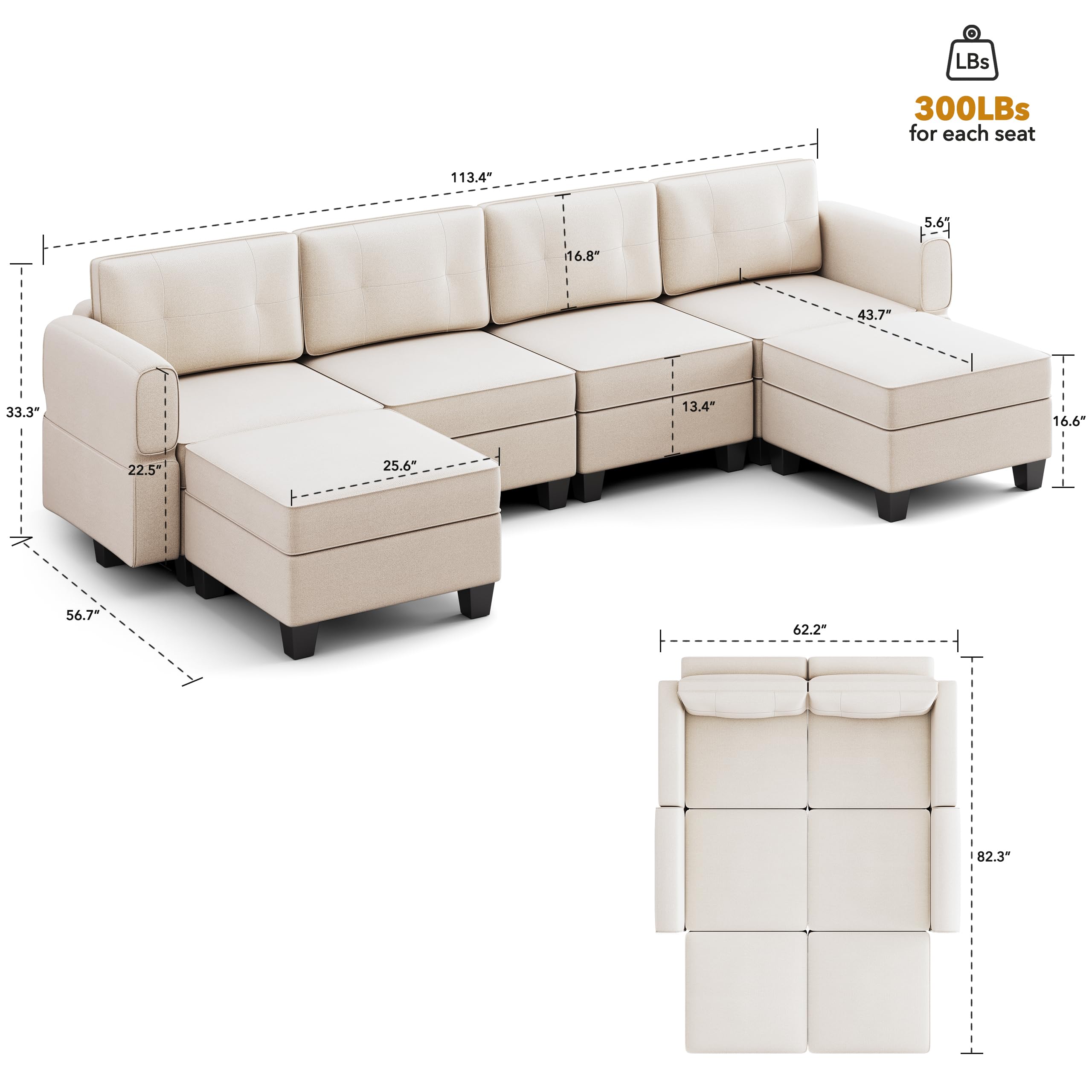 AYEASY 113'' Modular Sofa, Living Room U Shaped Couch with Storage Ottoman Sectional, Beige