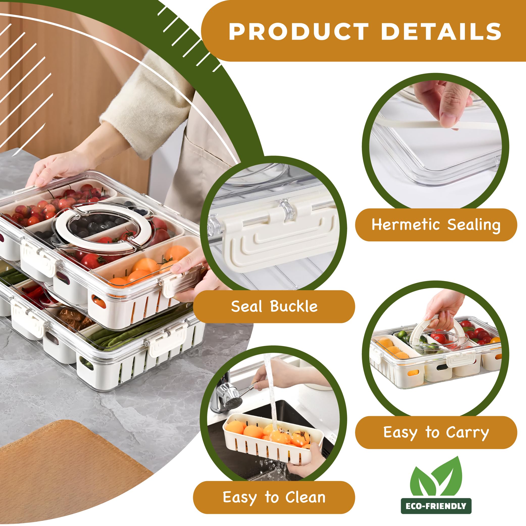 Divided Serving Tray with Lid -Snackle Box Container with Spoon & Mini Forks and 4 Removable Colanders Snack Serving Tray, Snack Box Container, Veggie Tray with Lid for Candy, Fruits, Nuts, Chips.