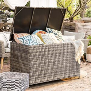 MEISSALIVVE 178 Gallon Outdoor Storage Box, Patio Deck Box with 2 Wheels, Handle Large Portable Wicker Rattan Deck Box for Patio Furniture Cushions, Throw Pillows, Garden Tools and Pool Floats (Gray)