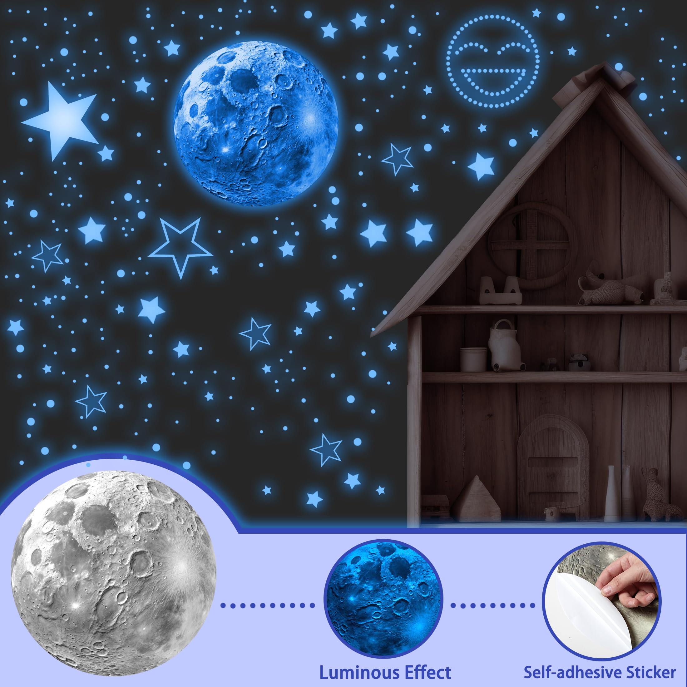 965 PCS Glow in The Dark Stars and Moon for Ceiling, Luminous Stars and Planet Wall Decals, Kids Room Decor, Glowing Galaxy Wall Stickers for Nursery Decorations (Blue)