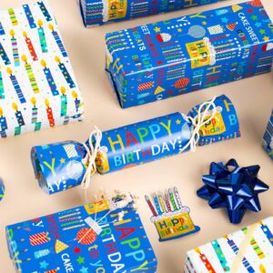 Homeral Reversible Birthday Wrapping Paper Roll- Mini Roll- 46.8sq.ft(17in x 33ft) Blue Colorful Birthday Design for Birthday, Baby Shower, Party