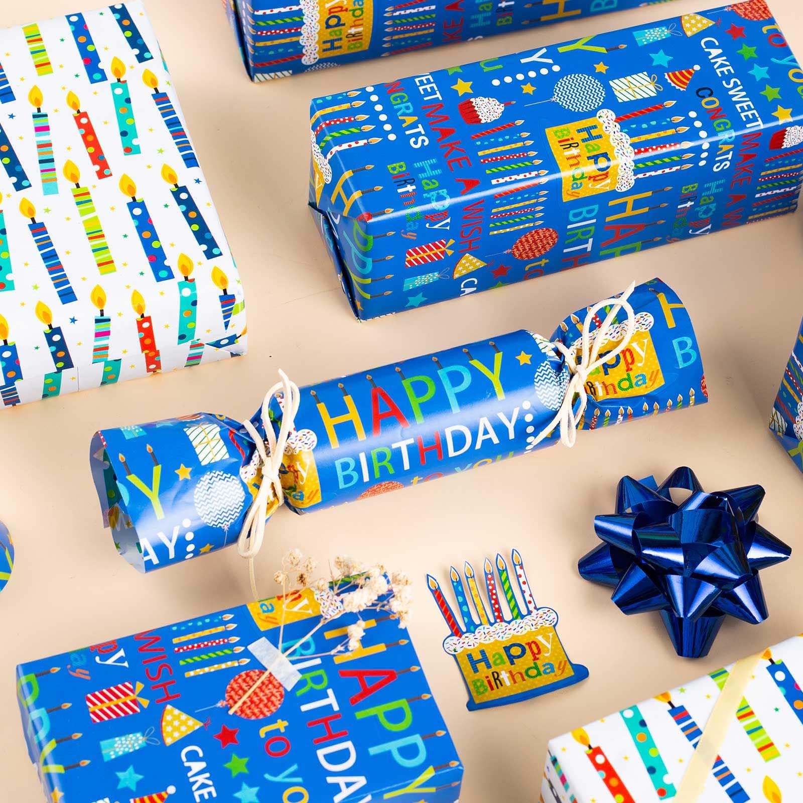 Homeral Reversible Birthday Wrapping Paper Roll- Mini Roll- 46.8sq.ft(17in x 33ft) Blue Colorful Birthday Design for Birthday, Baby Shower, Party