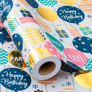 homeral birthday wrapping paper roll-46.8sq.ft birthday gold foil balloon design on rich mineral paper silk touch for birthday, baby shower, party-17in x 33ft