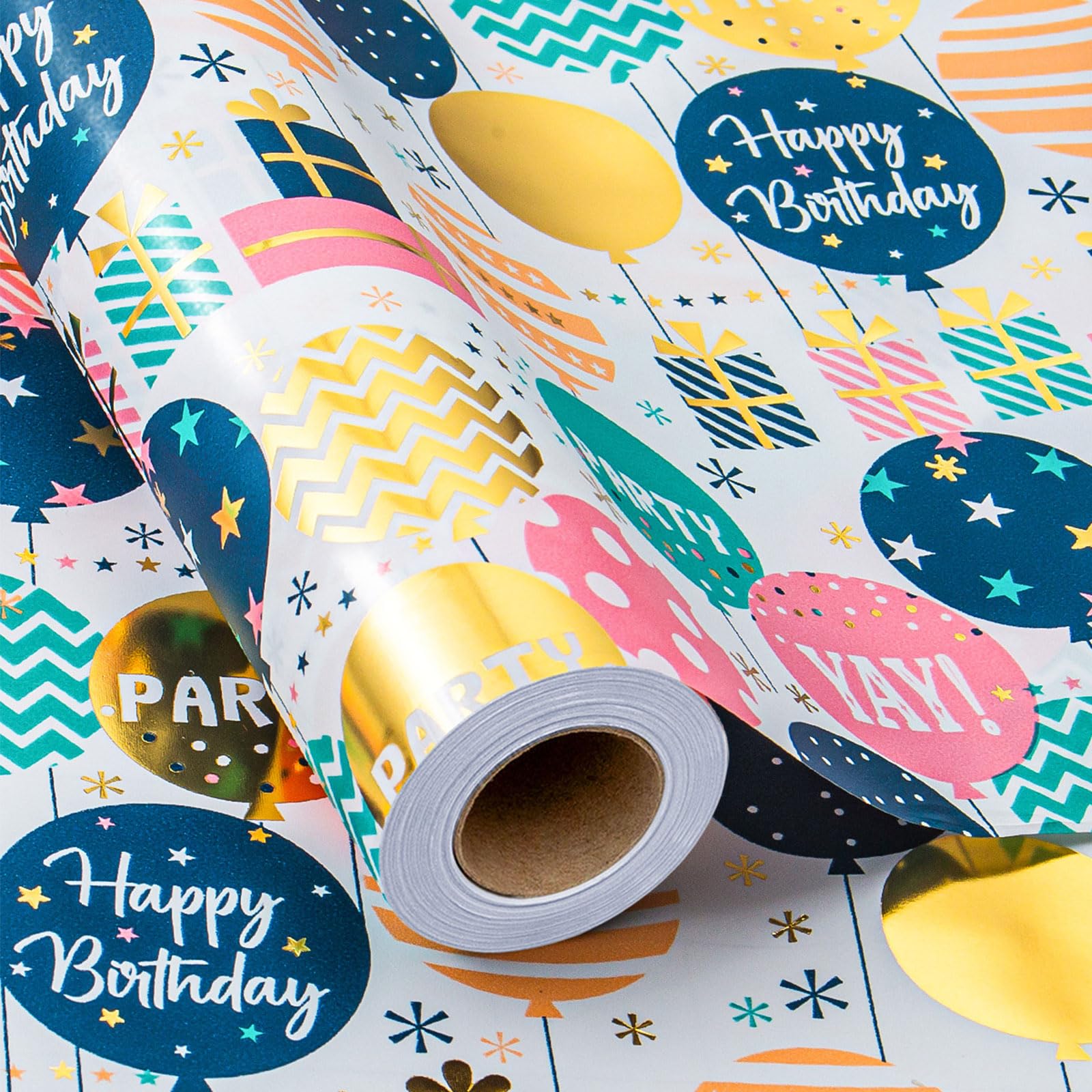 Homeral Birthday Wrapping Paper Roll-46.8sq.ft Birthday Gold Foil Balloon Design on Rich Mineral Paper Silk Touch for Birthday, Baby Shower, Party-17in x 33ft