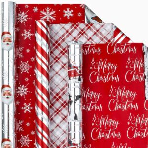 homeral reversible christmas wrapping paper roll - metallic shine santa, sleigh, reindeer, stripe, plaid, letterings, snowflake for christmas, new year celebration - 3 rolls - 17 x 120 inch per roll