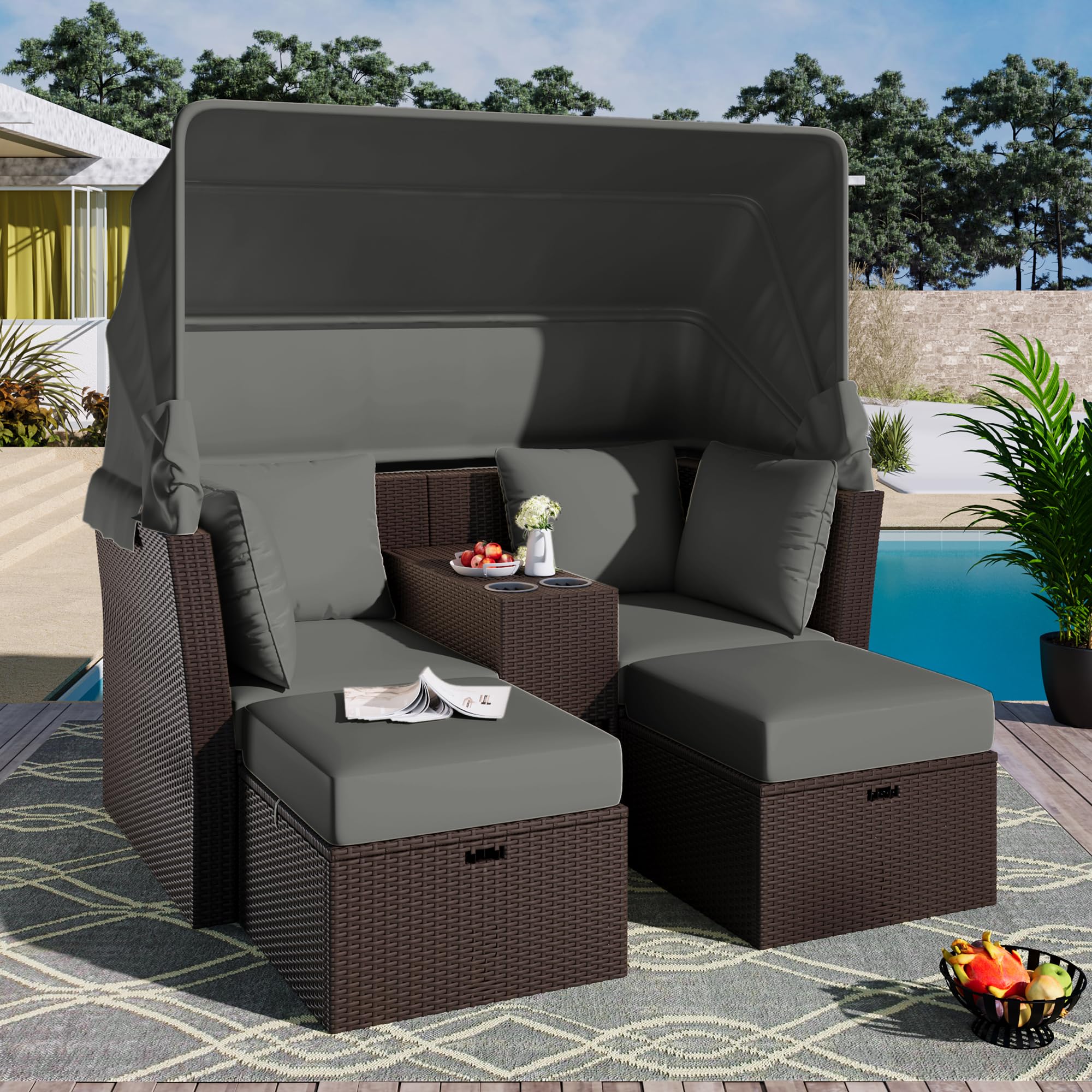 P PURLOVE Outdoor Loveseat Chaise Lounge with Canopy, 2-Seater Outdoor Patio Double Daybed with Foldable Awning and Cushions, Outdoor Loveseat Sofa Set for Lawn, Garden, Backyard, Porch Pool (Grey)