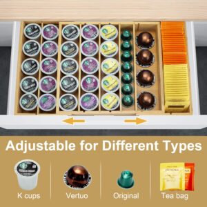 MinBoo Bamboo K Cup Holder for Drawer or Countertop Coffee Pod Holder Expandable K Cup Pod Storage Tea bag organizer K Cup Storage for Coffee Station Home Office and Kitchen