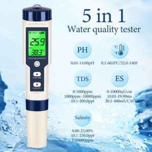 PH Meter & TDS Meter Digital Water Tester 5 in 1 Salinity Tester PH Temp EC and TDS Meter,PH Meter for Water with LCD Backlit,Water Testing Kits for Drinking Water,Wine,Swimming Pool,Hot Tub Spas.