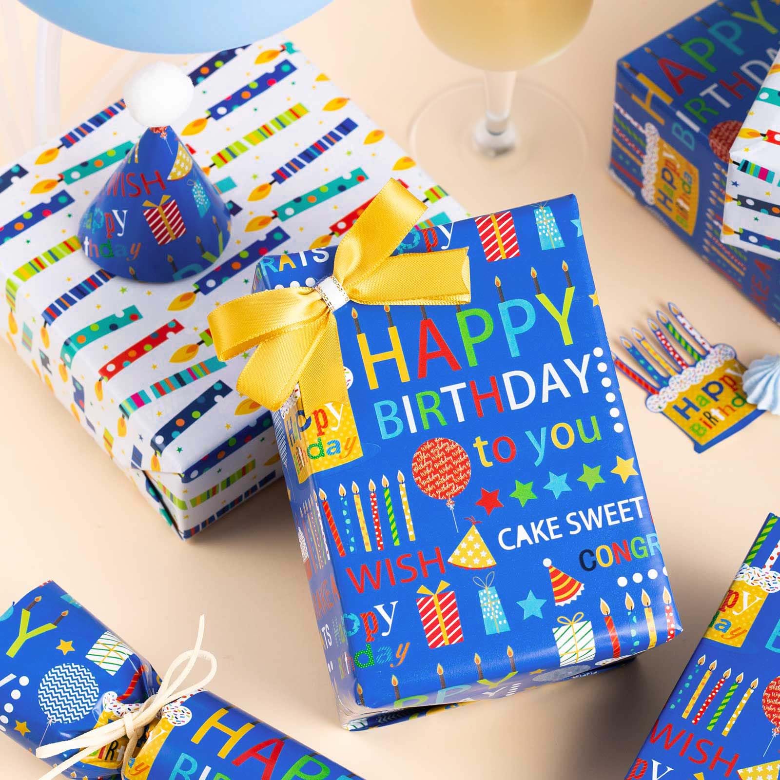 Homeral Reversible Birthday Wrapping Paper Roll- Mini Roll- 46.8sq.ft(17in x 33ft) Blue Colorful Birthday Design for Birthday, Baby Shower, Party