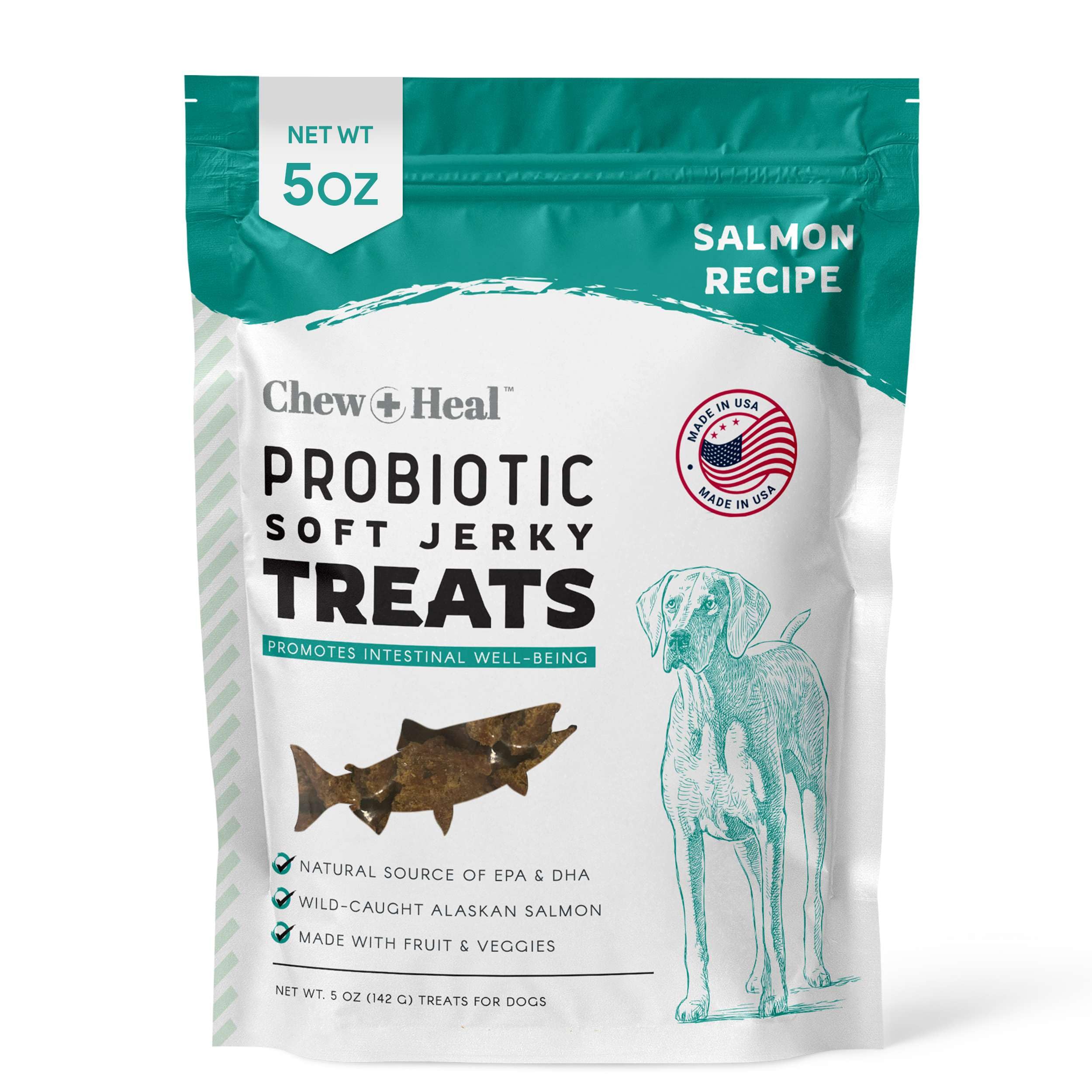 Chew + Heal Labs Probiotic Salmon Jerky Dog Treats - 5 oz of Salmon Jerky for Digestive Health - Made with Wild Alaskan Salmon, Apples, Pumpkin, Pea Protein, and More - Made in The USA