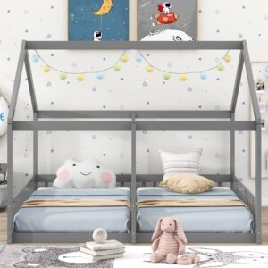 ACQCA Twin Size House Bed with Guardrail,Two Shared Wooden Floor Beds Frame with Roof for Kids Boys Girls,No Box Spring Needed,Gray