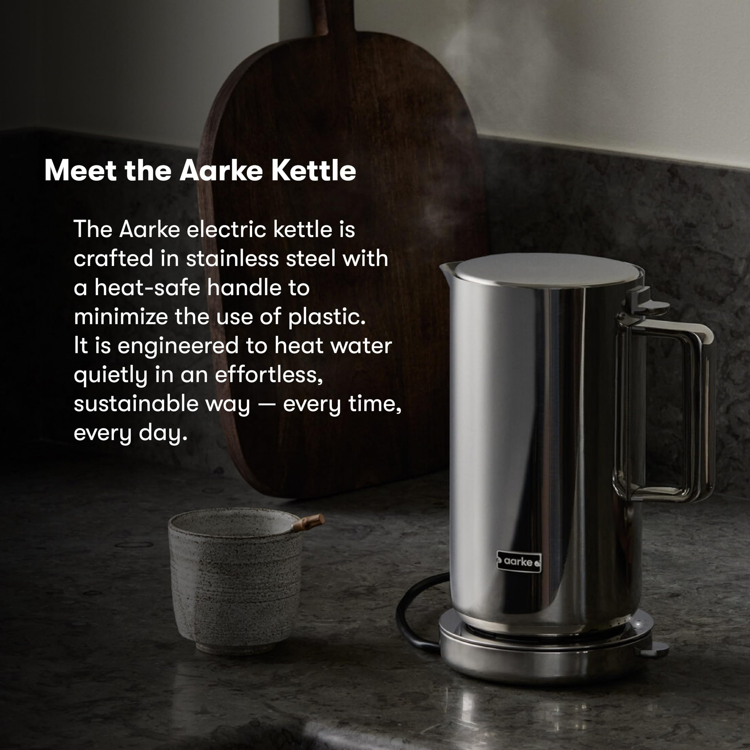 Aarke Kettle | Stainless Steel Hot Water Kettle | 360° Swivel Base | 1.2L / 5 Cups - Steel