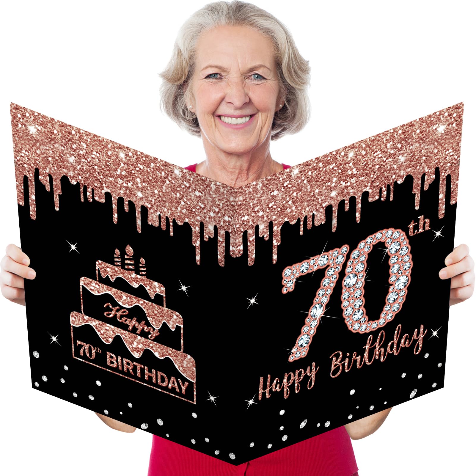 Kuxriox Large 70th Birthday Card With Envelope, Extra Big Guest Book Rose Gold 70th Birthday Greeting Card Women, Giant 70th Bday Card Gifts Party Supplies, Jumbo Seventy Bday Card(14 x 22 IN)