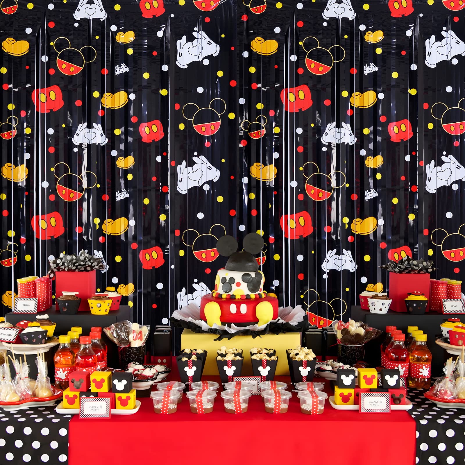 Bupelo Mickey Birthday Party Supplies, 2 Pack Mickey Theme Tinsel Foil Fringe Curtains,Cartoon Mouse Patterns Photo Booth Prop Backdrop Streamer, Mickey Birthday Party Decorations, Room Decor for Kids