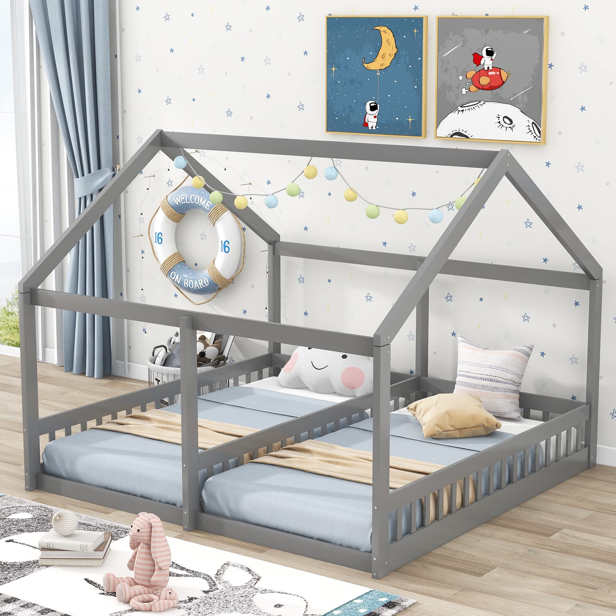 ACQCA Twin Size House Bed with Guardrail,Two Shared Wooden Floor Beds Frame with Roof for Kids Boys Girls,No Box Spring Needed,Gray